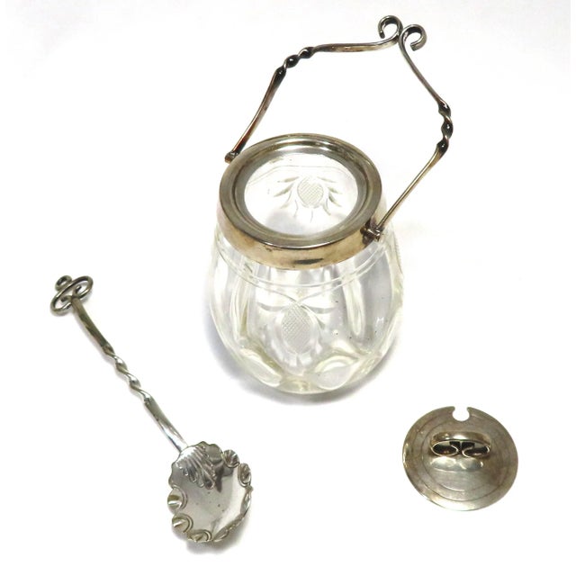 Antique English Sheffield Silverplate & Hand Cut Crystal Swing Handle Jam Jar & Spoon Set Circa 1900 For Sale In Boston - Image 6 of 13