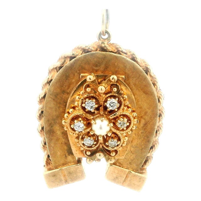 Antique 1880s 14k Rose Gold Horseshoe Locket Pendant With Diamonds & Pearl For Sale
