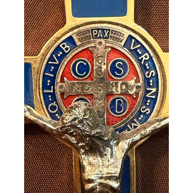 1990s Blessed Vatican Gift: Blue Saint Benedict 7.5” Crucifix For Sale - Image 4 of 7