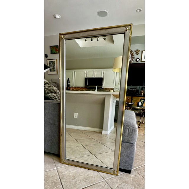 French French Directoire Style Brushed Steel and Brass Wall Mirror Star Accents For Sale - Image 3 of 18