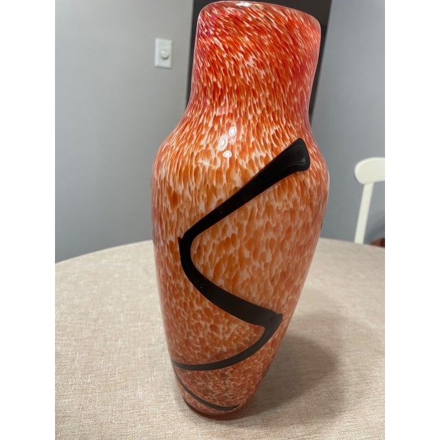 Hand-Blown Orange Art Glass Vase With Black Swirl Accent For Sale - Image 4 of 8