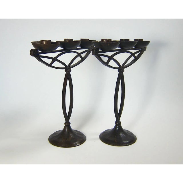 German Hugo Berger Goberg Attr. Arts & Crafts Black Iron Candelabra Pair For Sale - Image 4 of 11