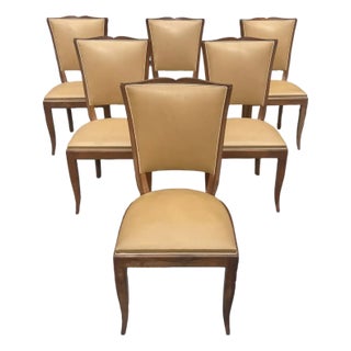 1940s French Art Deco Solid Walnut Dining Chairs - Set of 6 For Sale
