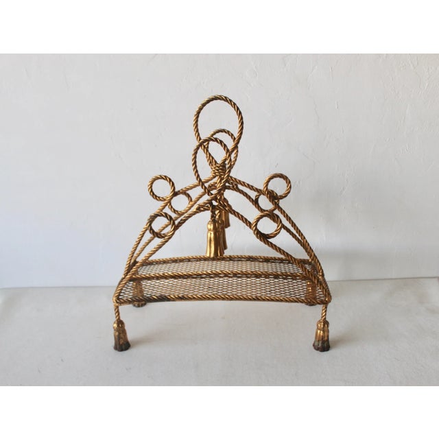 Hollywood Regency Mid 20th Century Italian Mid-Century Gilded Rope Tassels Magazine Book Rack For Sale - Image 3 of 11