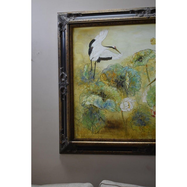 Metal Vintage Large Heron Birds and Floral Oil Painting in Ornate Black/Gold Frame For Sale - Image 7 of 10
