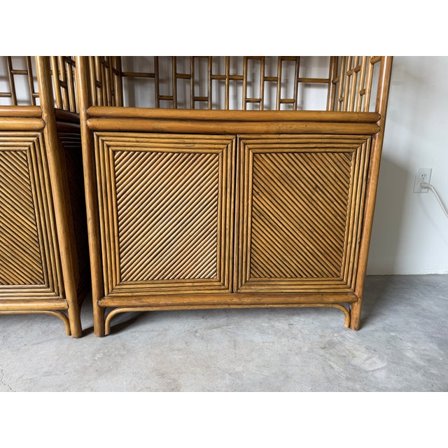 1970's Vintage Palm Beach Regency Arched Rattan Étagères With Cabinets – A Pair For Sale - Image 11 of 16