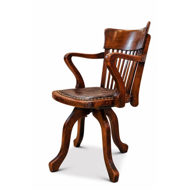 Brown Victorian Revolving Desk Chair in Oak and Leather For Sale - Image 8 of 8