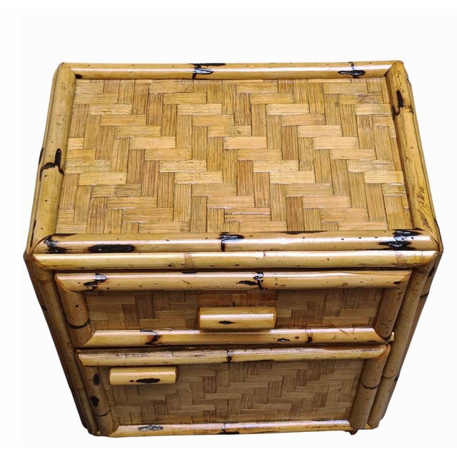 Pair of bamboo and rattan bedside tables, made in Italy in the 1960s, in the style of designers such as Franco Albini and...