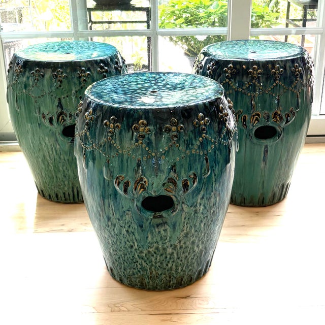 Curated Designer Set of 3 Large Teal Drip-Glazed Chinese Ceramic Garden Stools With Raised Garland Motif For Sale - Image 11 of 12