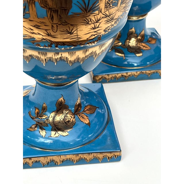 Pair of French Paris Porcelain Chinoiserie Gilt and Cerulean Blue Ground Vases For Sale In San Francisco - Image 6 of 15