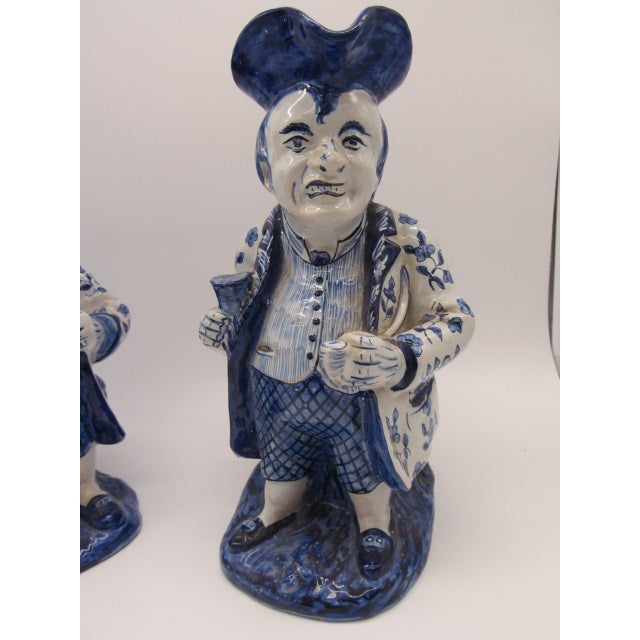 Ceramic Pair of 18th Century Blue and White Dutch Toby Figure Jugs For Sale - Image 7 of 9