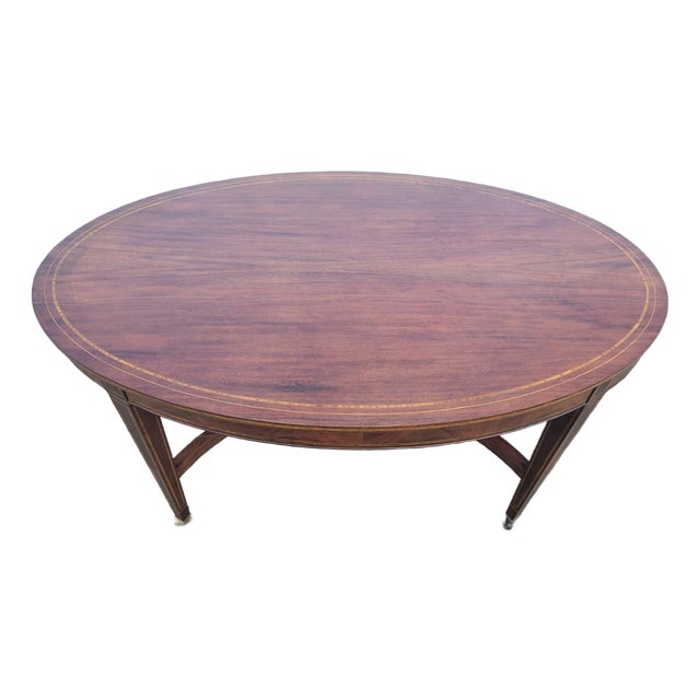 English 19th Century Mahogany Inly Oval Conference Table/ Center Table/ Desk Table. For Sale