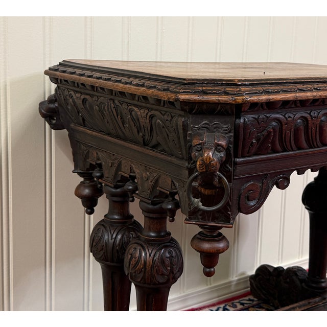 Antique French Dolphin Table Desk Renaissance Revival Petite Drawer Oak c.1890s For Sale - Image 4 of 12