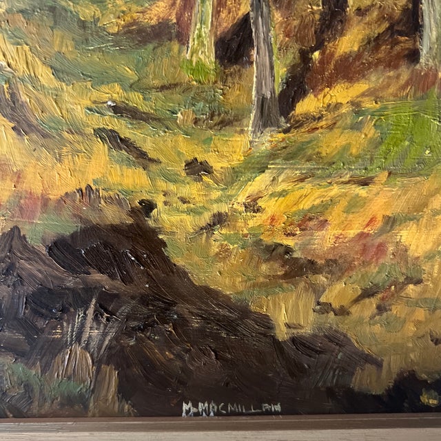Paint Oil on Artist Board Windswept Seaside Landscape Framed Signed Made in 1950 by British Artist McMillan For Sale - Image 7 of 12