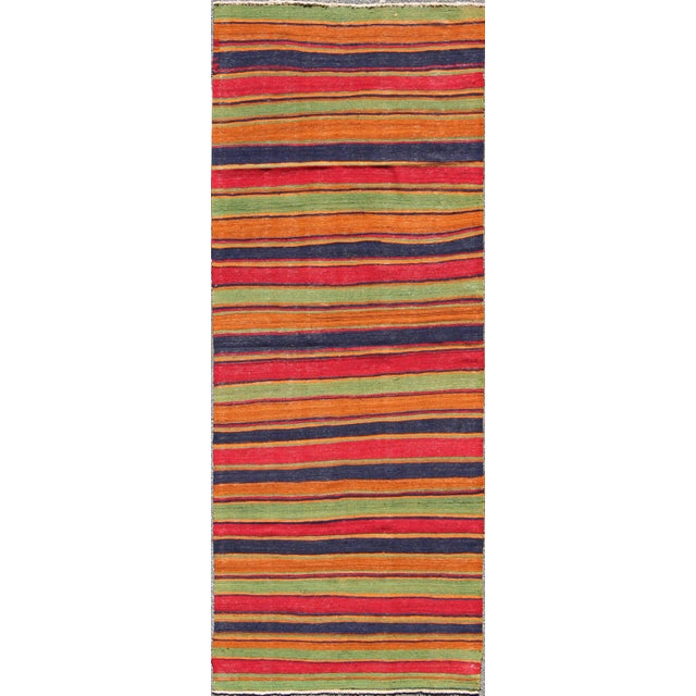 Red Vintage Kilim Runner With Horizontal Stripes in Bright Colors, Orange, Green, Blue, Red, Gold For Sale - Image 8 of 8