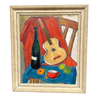 Rn, Still Life with Guitar and Wine Bottle, 1949, Oil Painting on Canvas, Framed For Sale