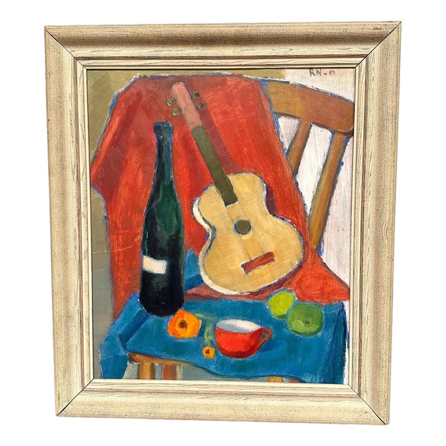 Rn, Still Life with Guitar and Wine Bottle, 1949, Oil Painting on Canvas, Framed For Sale
