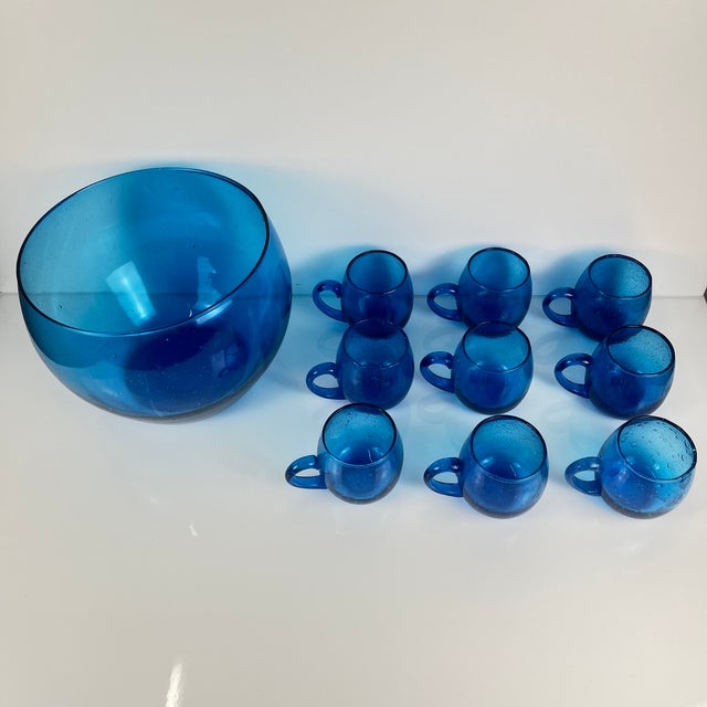 Cobalt Blue Bubbled Glass Punch Set in the style of Biot, 1970, Set of 10 For Sale - Image 11 of 14