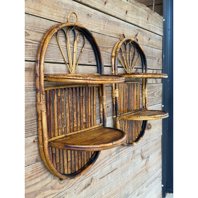 Mid 20th Century Vintage Boho Coastal Burnt Bamboo Two Tiered Sculptural Wall Shelves For Sale - Image 5 of 12
