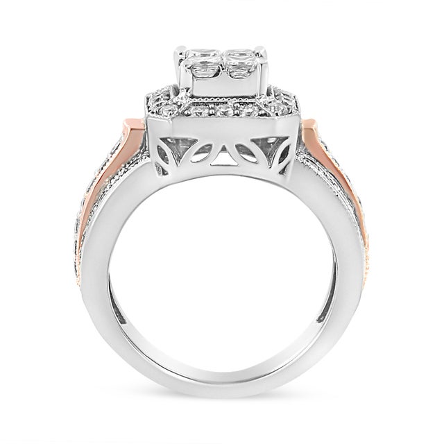 14K White and Rose Gold 1 1/8 Cttw Princess and Round-Cut Diamond Art Deco Style Triple Shank Halo Cocktail Ring (I-J Color, SI2-I1 Clarity) Size 4.5 For Sale - Image 4 of 6