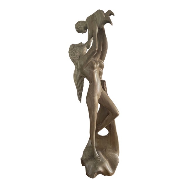 Art Nouveau Style Wood Sculpture Nude Woman & Child For Sale