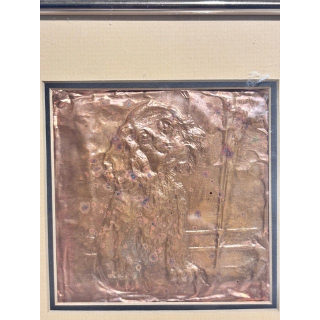 A Vintage Framed 3d Copper Relief Wall Art Piece Featuring a Pressed Metal Figure. (A Dog) For Sale - Image 9 of 12