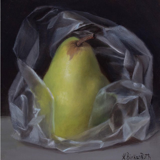 Pear Wrapped in Plastic by Kelly Birkenruth | Oil on Panel of a pear in plastic wrap For Sale
