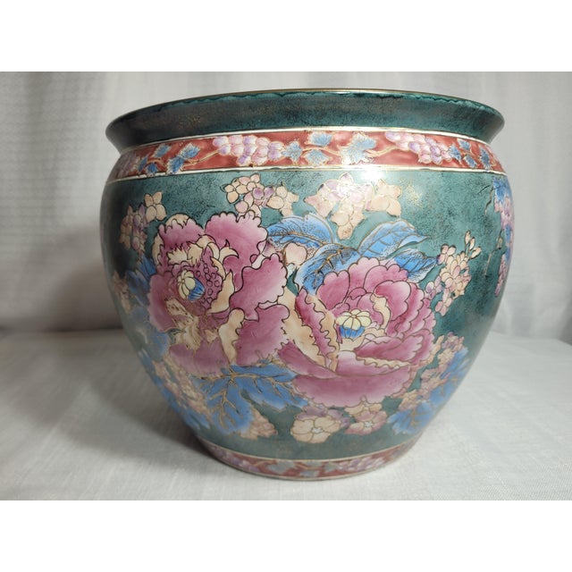 Vintage English Traditional Floral Jardinière | 17" Statement Vessel With Teal, Pink, Blue & Gold For Sale - Image 9 of 9