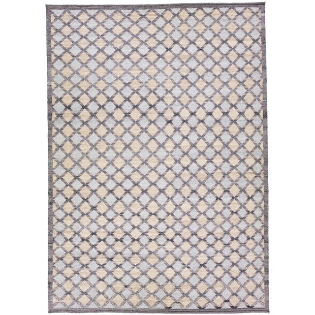 Modern Swedish Style Gray and Beige Handmade Geometric Wool Rug For Sale - Image 11 of 11