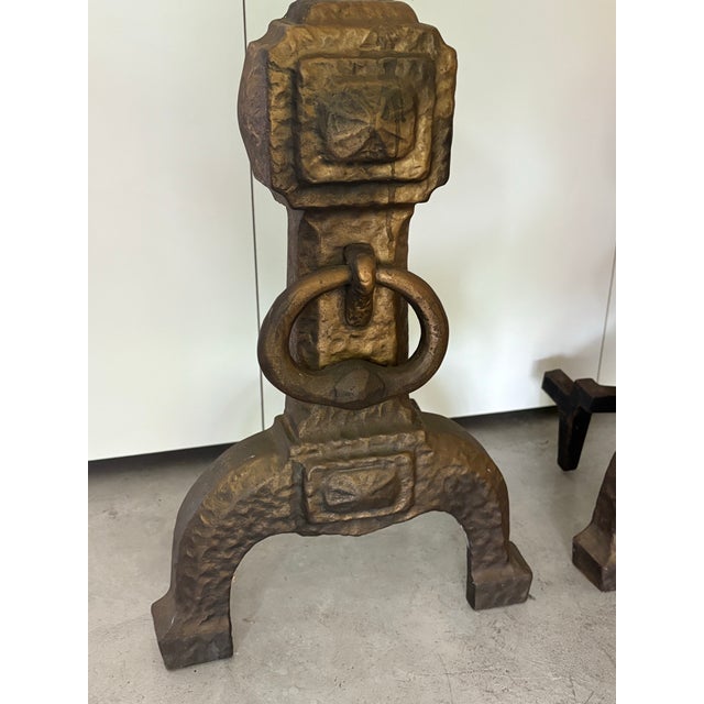 Mission Antique Cahill Gold Bronze Spanish Mission Fireplace Andirons - a Pair For Sale - Image 3 of 7
