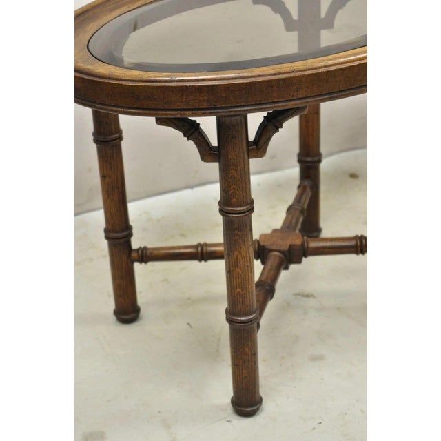 Vintage Chinese Chippendale Faux Bamboo Oval Small Glass Top Side End Table Pair For Sale - Image 9 of 11