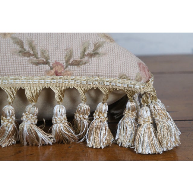 Textile Mid 20th Century Down Filled Floral Crossed Roses Needlepoint Tassel Lumbar Throw Pillow For Sale - Image 7 of 11