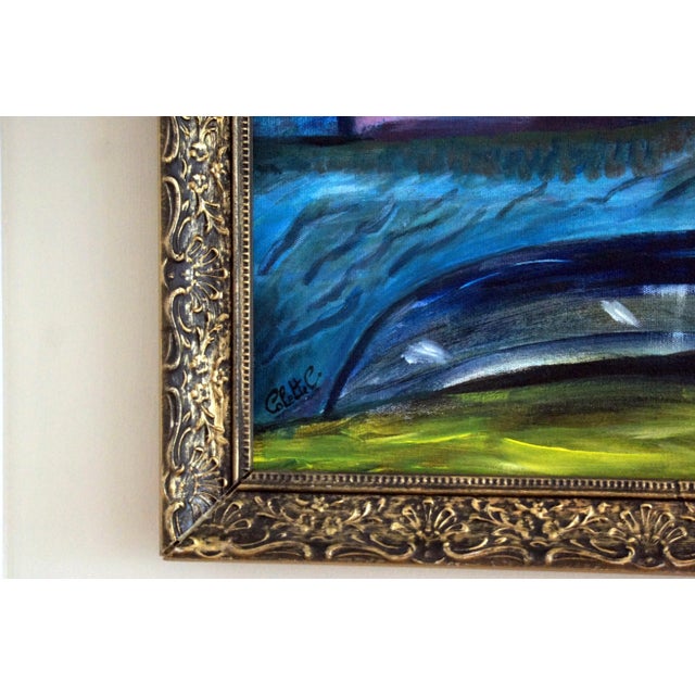 1980s Colette Calilhanna "Purple Village" Expressionist Acrylic Framed Painting For Sale - Image 9 of 11