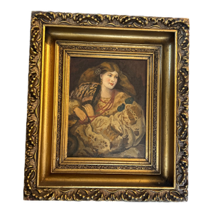 1930’s Original Female Portrait Orientalist Style Painting in Chunky Gold Period Frame