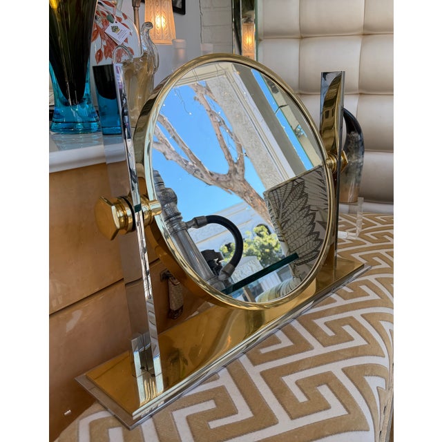1980s Vintage Karl Springer Mid Century Modern Chrome & Brass Table Mirror For Sale - Image 5 of 6