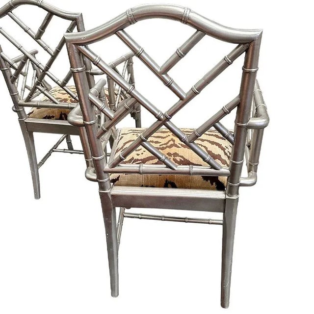 Vintage Chippendale Faux Bamboo Arm Chairs - a Pair For Sale - Image 6 of 8