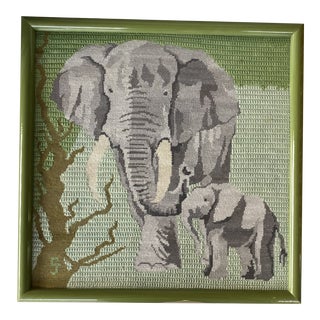 Vintage Framed Elephant Cross-Stitch For Sale