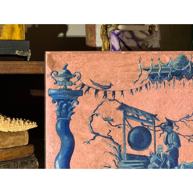 French Chinoiserie Chic Style Blue on Pink Whimsical Oil on Wood Panel Painting For Sale - Image 12 of 12