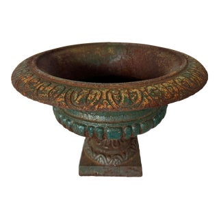 Vintage Patina Cast Iron Planter Urn For Sale