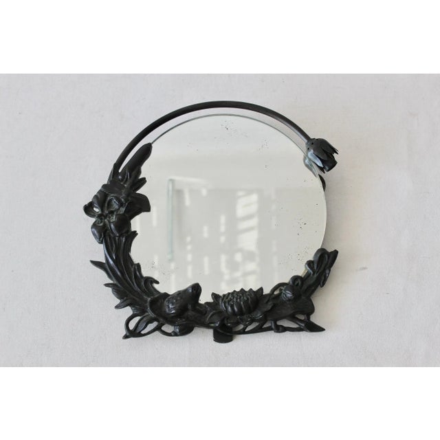 Vintage Art Nouveau Style Bronze Table Top Mirror Flowers Frog Dragonfly Detail With Light For Sale In Miami - Image 6 of 13