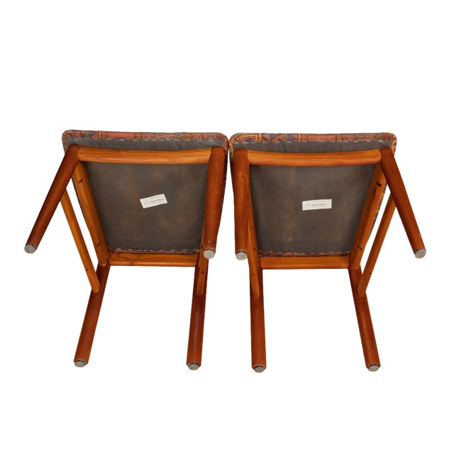 Pair Vintage Danish Teak Side Accent Chairs – Schou Andersen Denmark – Funky 80s Upholstery For Sale - Image 10 of 12