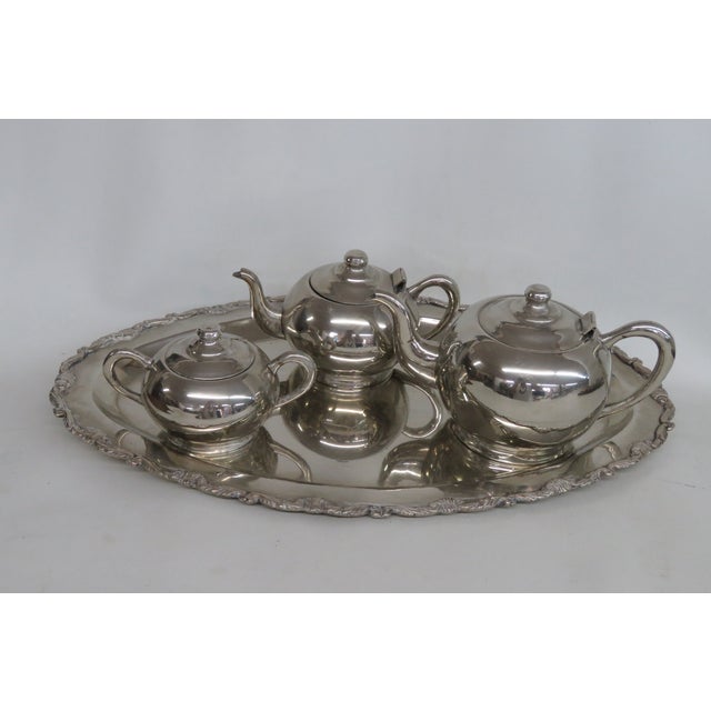 Metal Art Deco Silver Plated Tea Tray Set With 2 Teapots and Lidded Sugar Bowl 4989b For Sale - Image 7 of 9