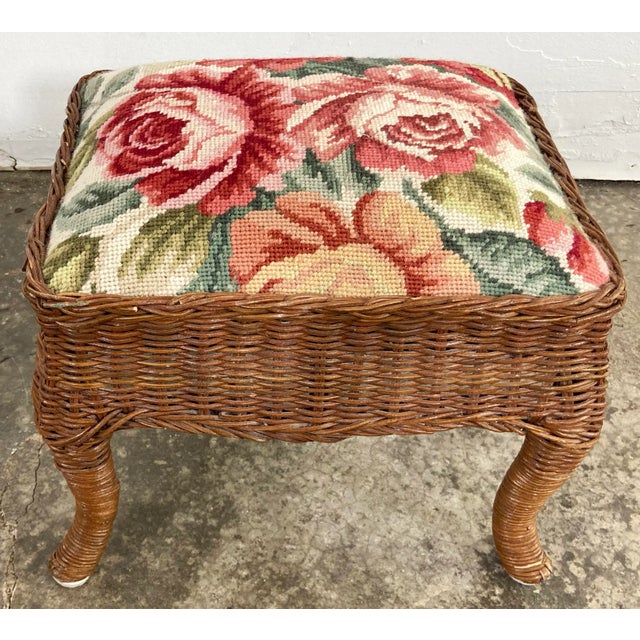 Vintage Wicker Stool With Floral Needlepoint For Sale - Image 9 of 10