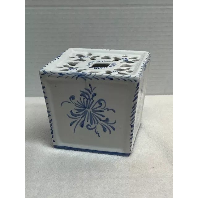 Add charm and functionality to your décor with this vintage Portuguese blue and white flower frog vase. Beautifully...