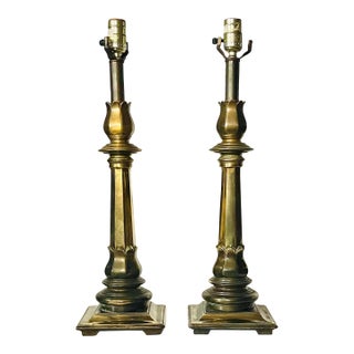 Vintage Candlestick Brass Table Lamps- A Pair For Sale
