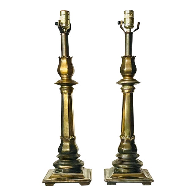 Vintage Candlestick Brass Table Lamps- A Pair For Sale