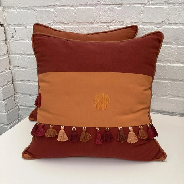 Textile Throw Pillows, Rosewood Red Tasseled Zippered Pillows, 2000s - a Pair For Sale - Image 7 of 7