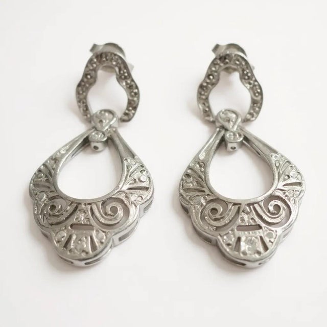 Platinum Vintage Openwork Filigree Drop Earrings With 0.50ct Diamonds, A Pair For Sale - Image 9 of 10