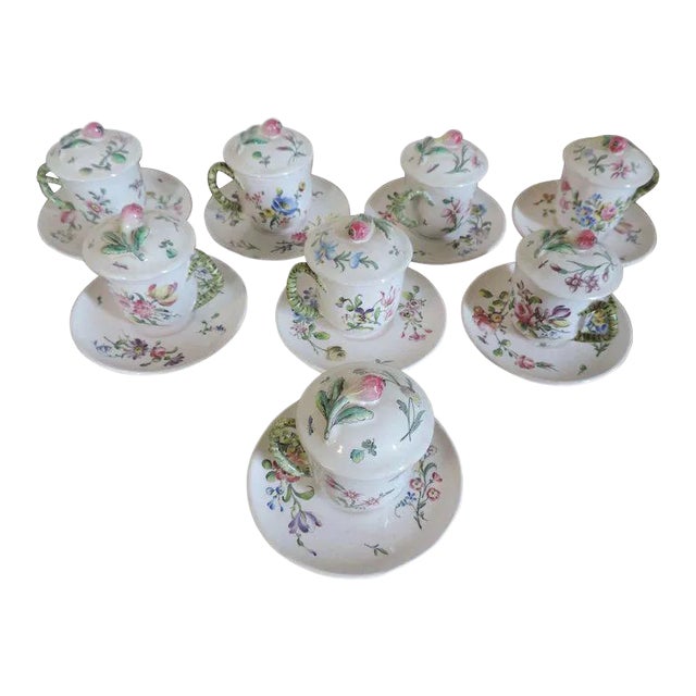 19th Century Veuve Perrin French Faience Tin Glaze Pottery Pots De Creme- 16 Pieces For Sale