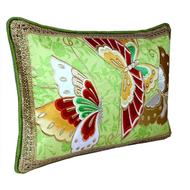 Hand-Embroidery Vintage Butterfly Silk Lumbar Pillow Framed With Vintage Guipure Lace and Piping For Sale - Image 10 of 12